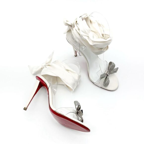 CHRISTIAN LOUBOUTIN Astrinodo Crystal Bow PVC White Sandal Size 38.5 Heel - Picture 14 of 16